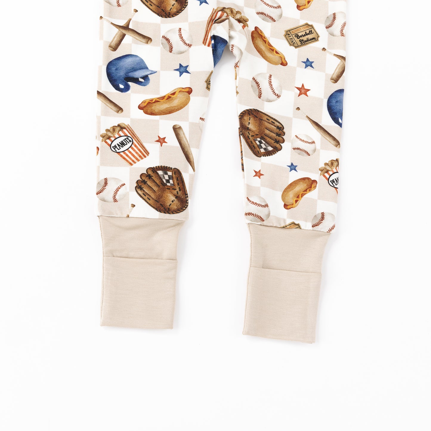 Khaki Plaid Baseball Snack Adventure Bamboo Zipper Romper Pajamas