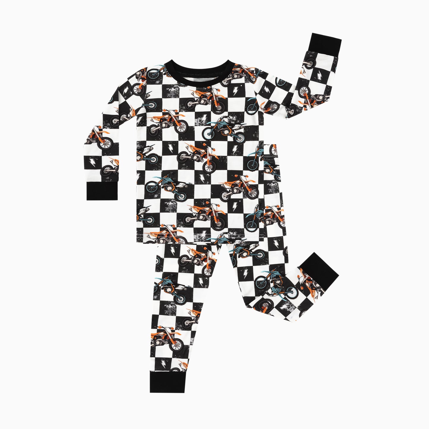 Black-White Checkered Motorcycle and Lightning Bamboo Two-Piece Pajama Set