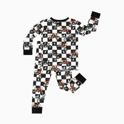 Black-White Checkered Motorcycle and Lightning Bamboo Two-Piece Pajama Set