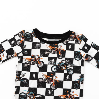 Black-White Checkered Motorcycle and Lightning Bamboo Two-Piece Pajama Set