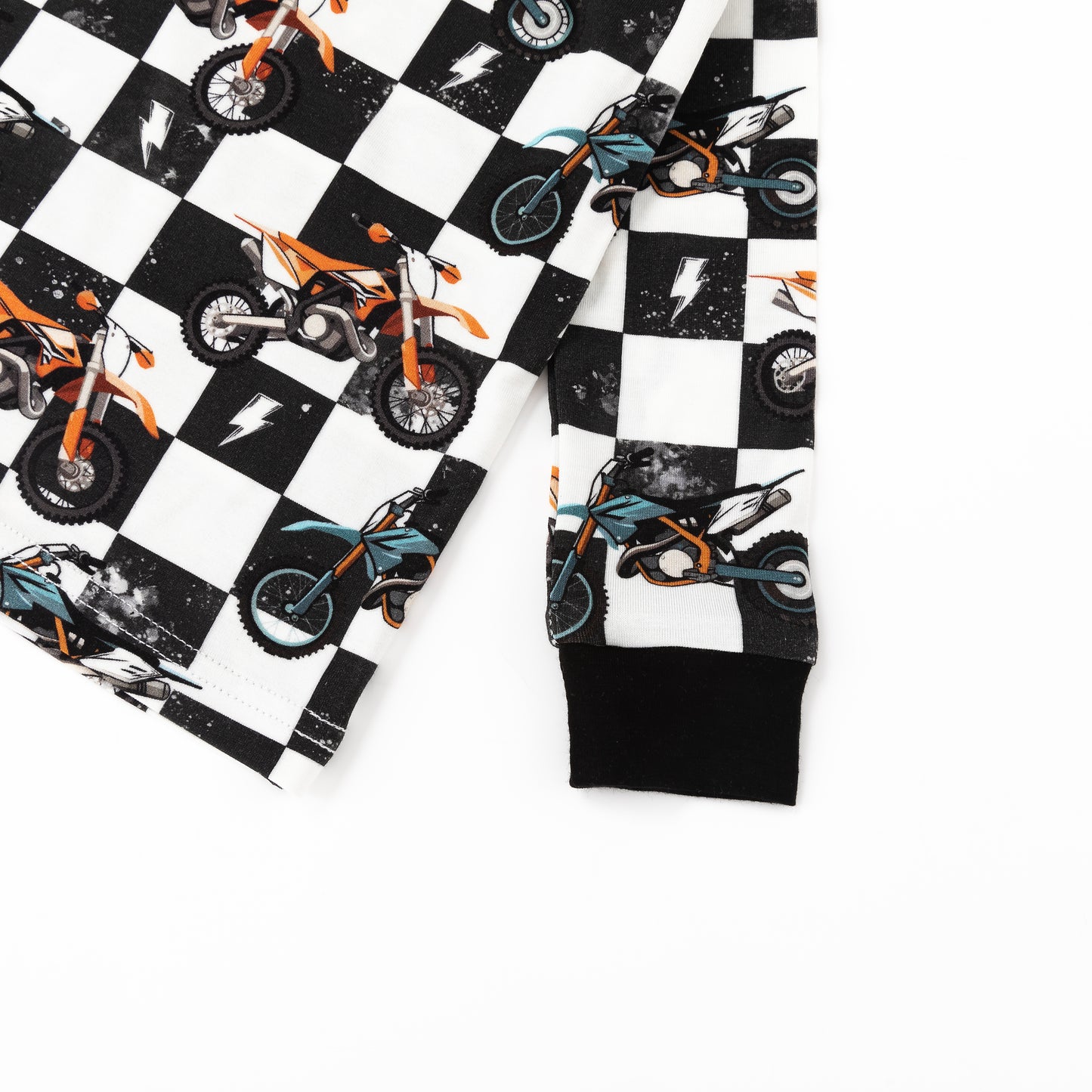 Black-White Checkered Motorcycle and Lightning Bamboo Two-Piece Pajama Set