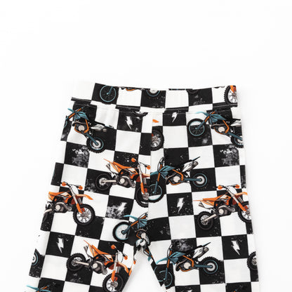 Black-White Checkered Motorcycle and Lightning Bamboo Two-Piece Pajama Set