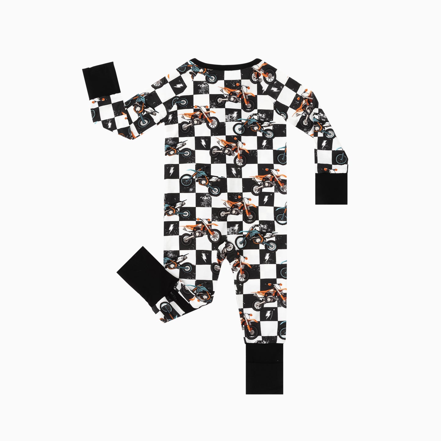 Black-White Checkered Motorcycle and Lightning Bamboo Zipper Romper Pajamas
