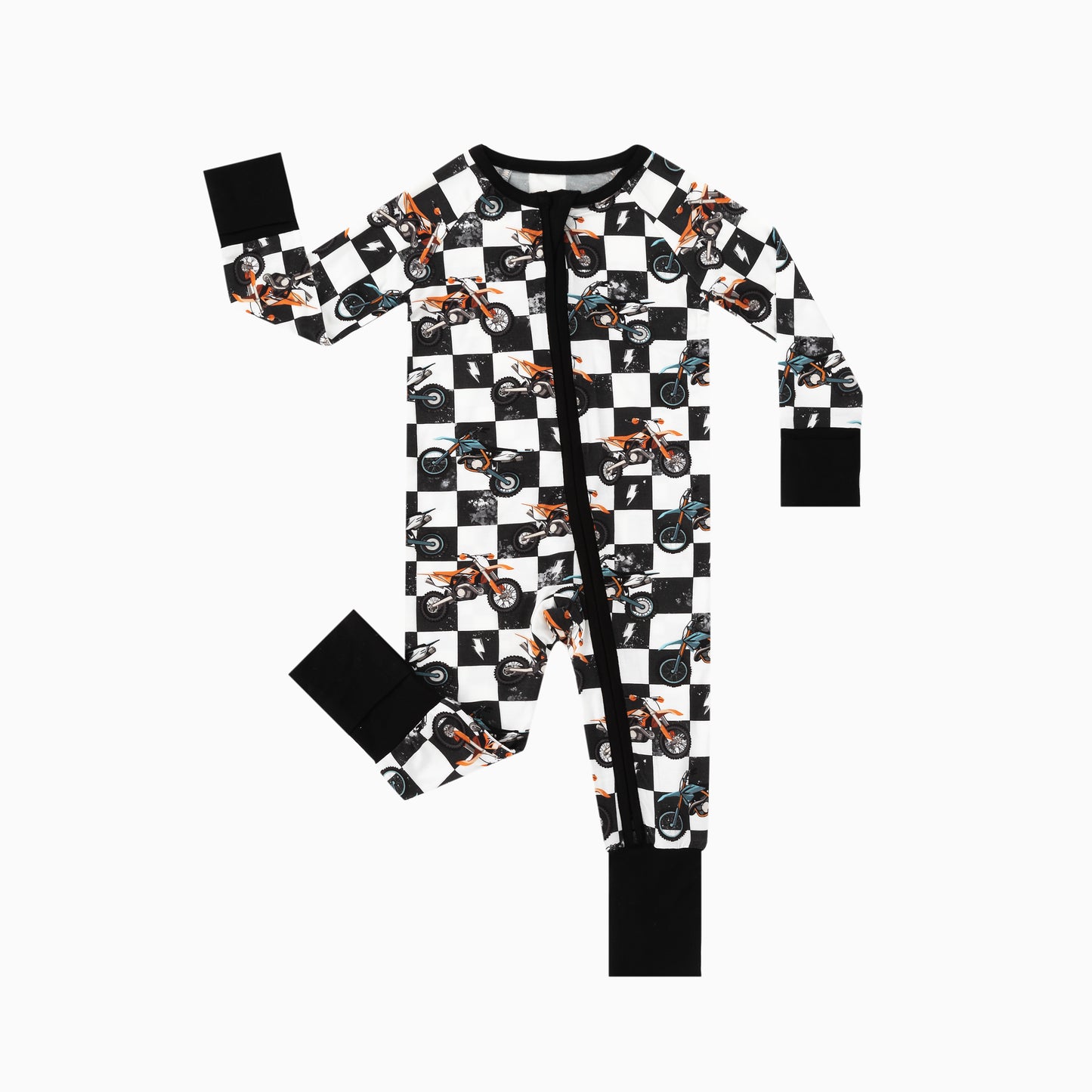 Black-White Checkered Motorcycle and Lightning Bamboo Zipper Romper Pajamas