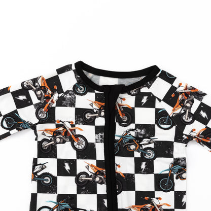 Black-White Checkered Motorcycle and Lightning Bamboo Zipper Romper Pajamas