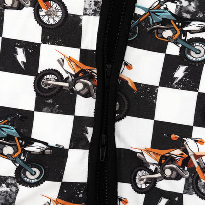 Black-White Checkered Motorcycle and Lightning Bamboo Zipper Romper Pajamas