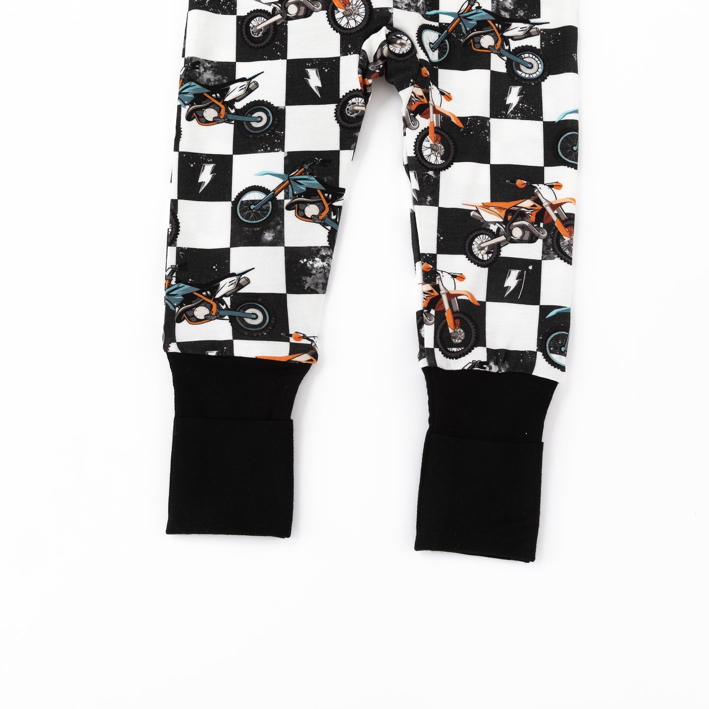 Black-White Checkered Motorcycle and Lightning Bamboo Zipper Romper Pajamas