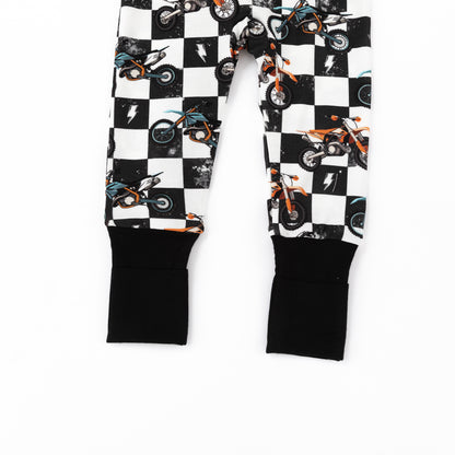 Black-White Checkered Motorcycle and Lightning Bamboo Zipper Romper Pajamas