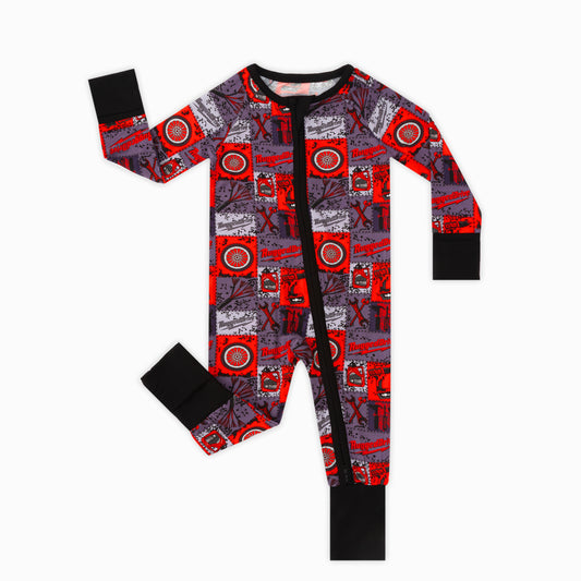 Red-Black Plaid Drive Wheels and Tools Game Bamboo Zipper Romper Pajamas