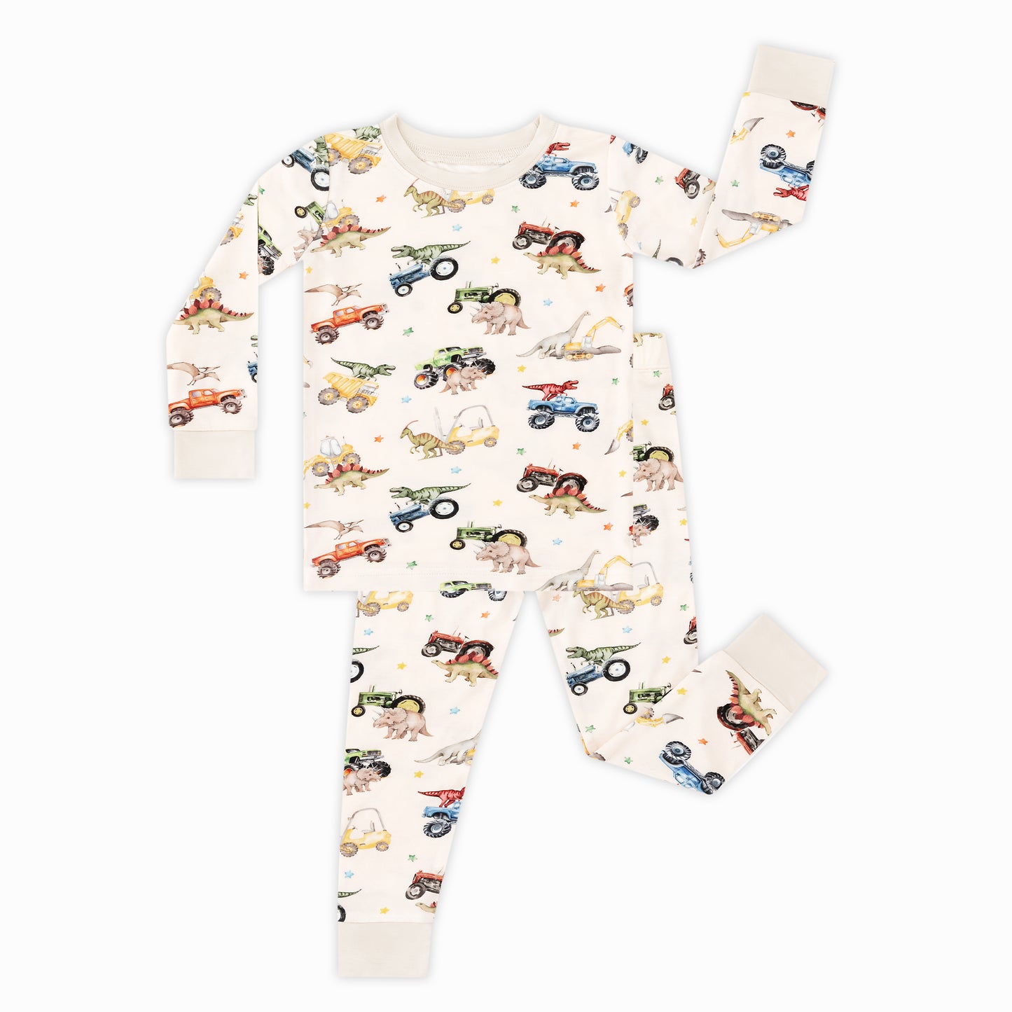Dino Truck Adventure Ride and Stars Apricot Bamboo Two-Piece Pajama Set