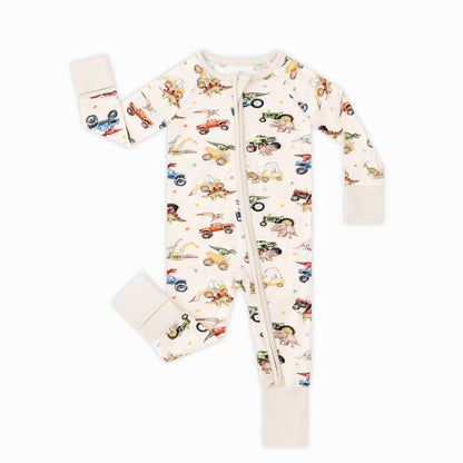 Dino Truck Adventure Ride and Stars Apricot Bamboo Zipper Romper Pajamas