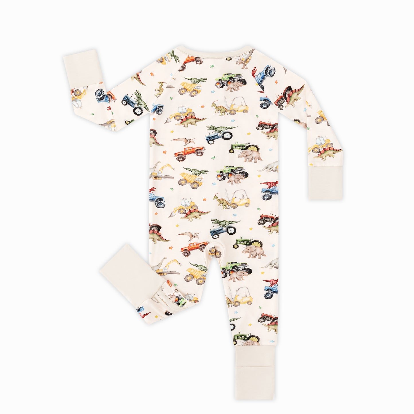 Dino Truck Adventure Ride and Stars Apricot Bamboo Zipper Romper Pajamas
