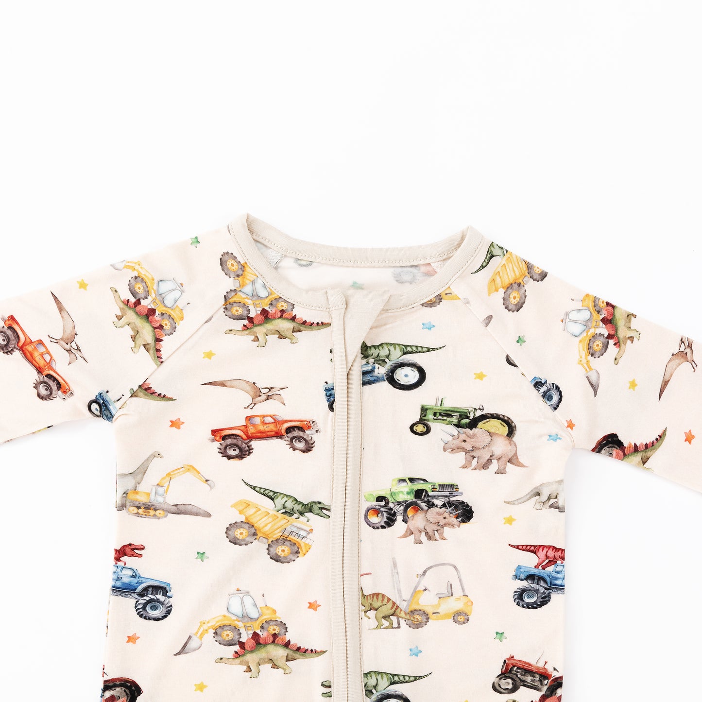 Dino Truck Adventure Ride and Stars Apricot Bamboo Zipper Romper Pajamas