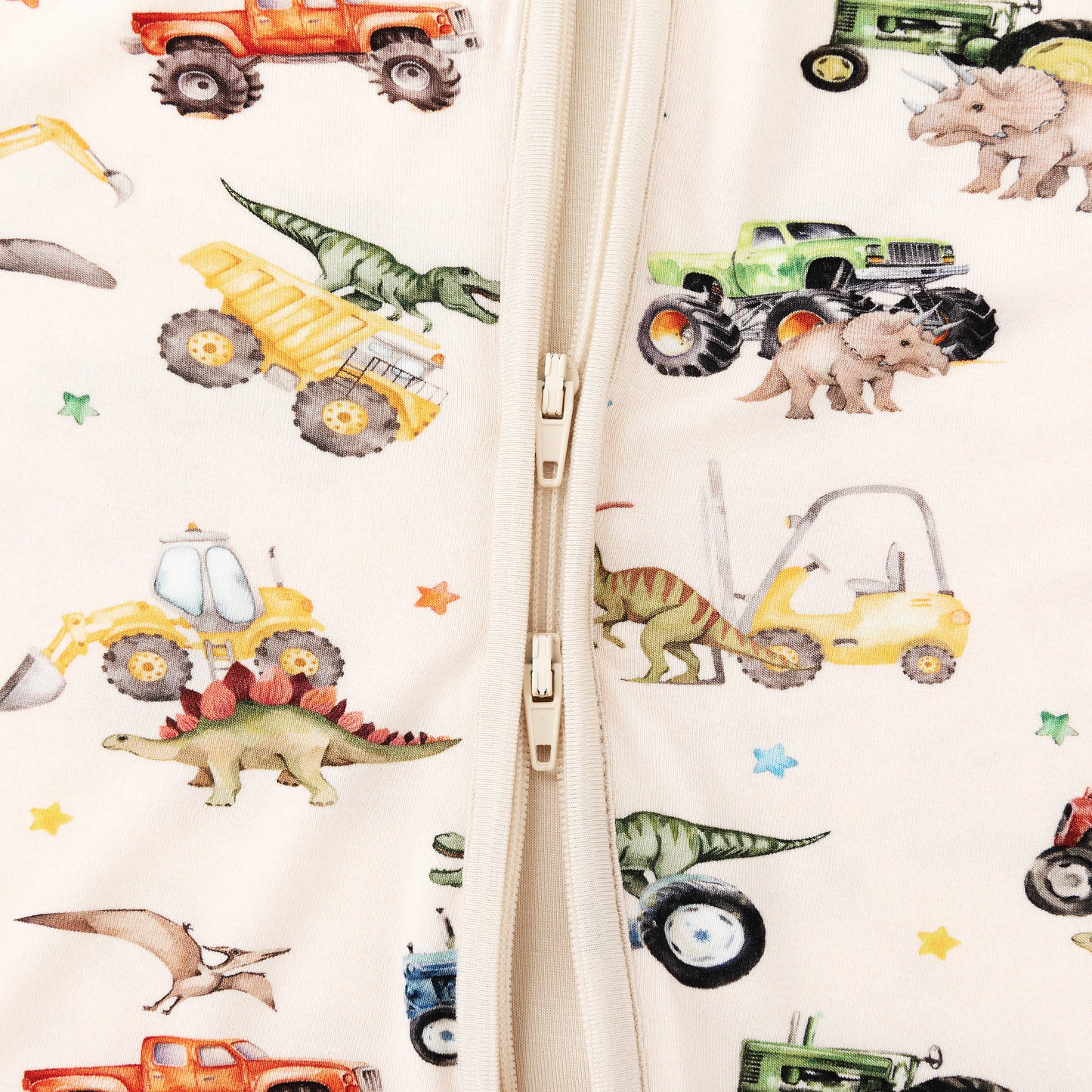 Dino Truck Adventure Ride and Stars Apricot Bamboo Zipper Romper Pajamas