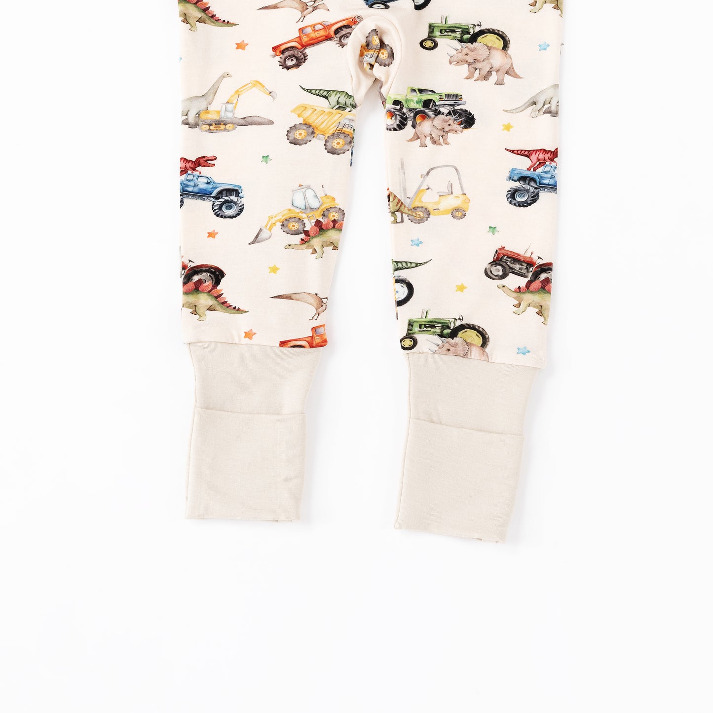 Dino Truck Adventure Ride and Stars Apricot Bamboo Zipper Romper Pajamas