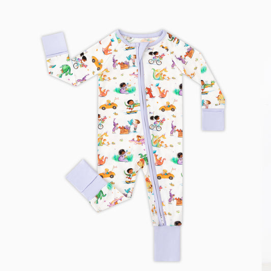 Whimsy Wild Dragons and Cars Bamboo Zipper Romper Pajamas