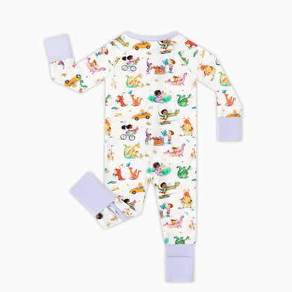 Whimsy Wild Dragons and Cars Bamboo Zipper Romper Pajamas