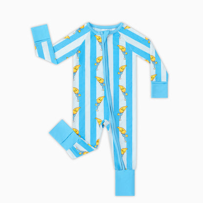 Blue Stripe Banana Friends Bamboo Zipper Romper Pajamas