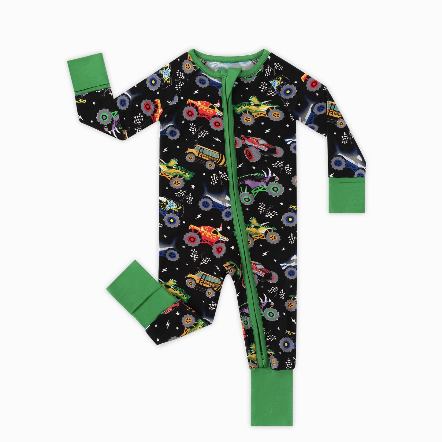 Dino Truck Power Adventure Ride Bamboo Zipper Romper Pajamas