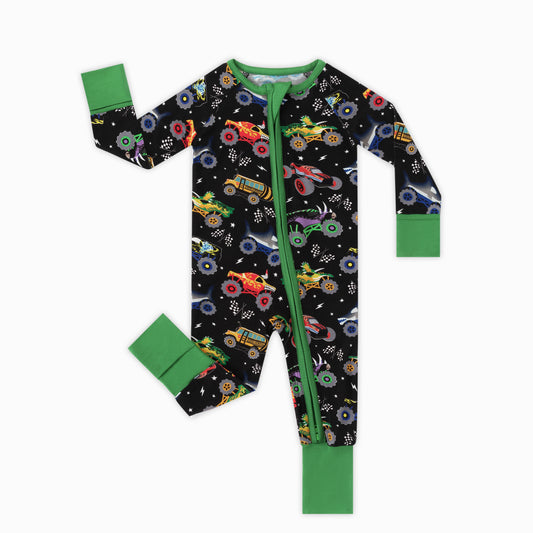 Dino Truck Power Adventure Ride Bamboo Zipper Romper Pajamas