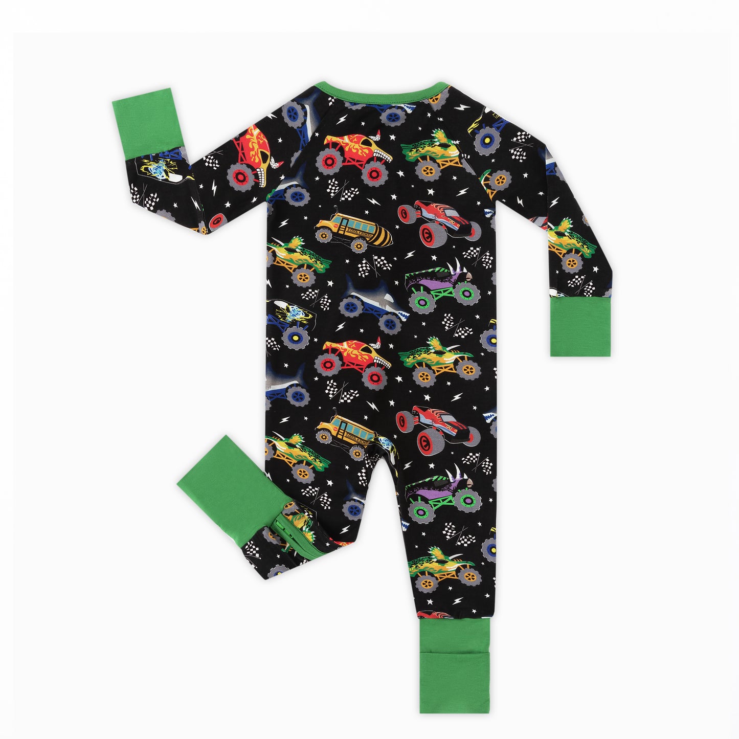 Dino Truck Power Adventure Ride Bamboo Zipper Romper Pajamas