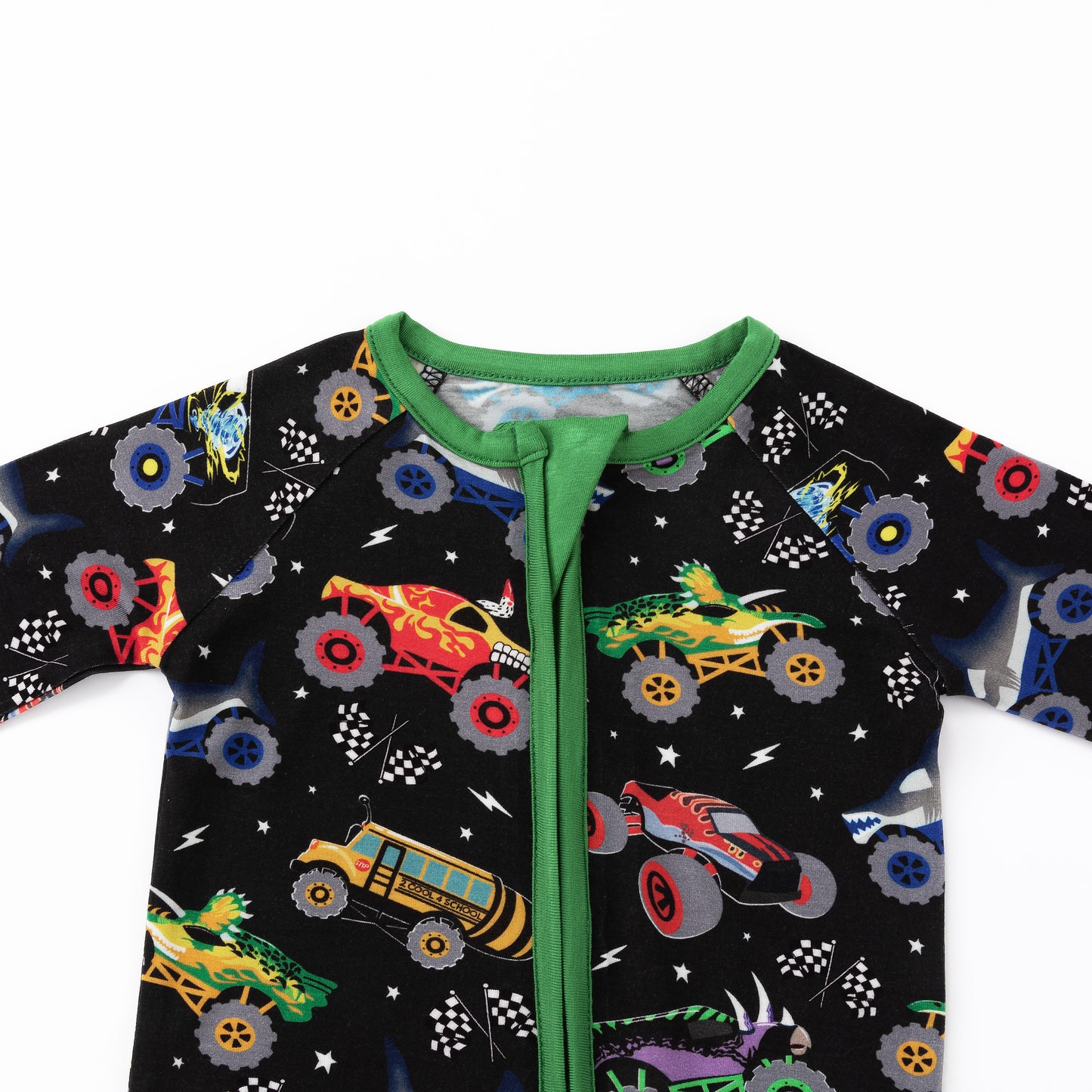 Dino Truck Power Adventure Ride Bamboo Zipper Romper Pajamas