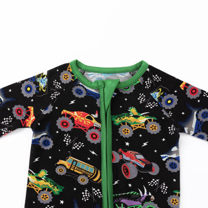 Dino Truck Power Adventure Ride Bamboo Zipper Romper Pajamas