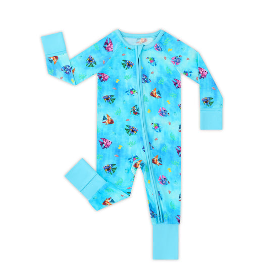 Rainbow Ocean Fish Playtime and Seashells Bamboo Zipper Romper Pajamas
