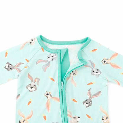 Easter Hoppy Bunny Carrot Parade Green Baby Bamboo Zipper Pajama Romper