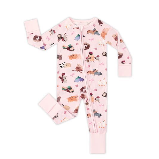 Mother's Day Sweet Farm Friends and Hearts Bows Bamboo Zipper Romper Pajamas