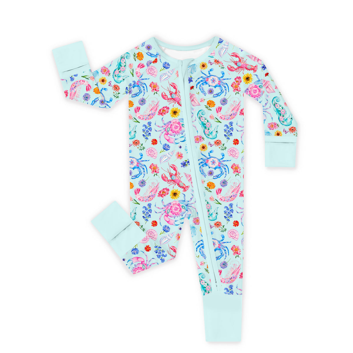 Ocean Coastal Blooms Blue Bamboo Zipper Pajama Romper