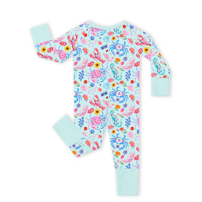 Ocean Coastal Blooms Blue Bamboo Zipper Pajama Romper