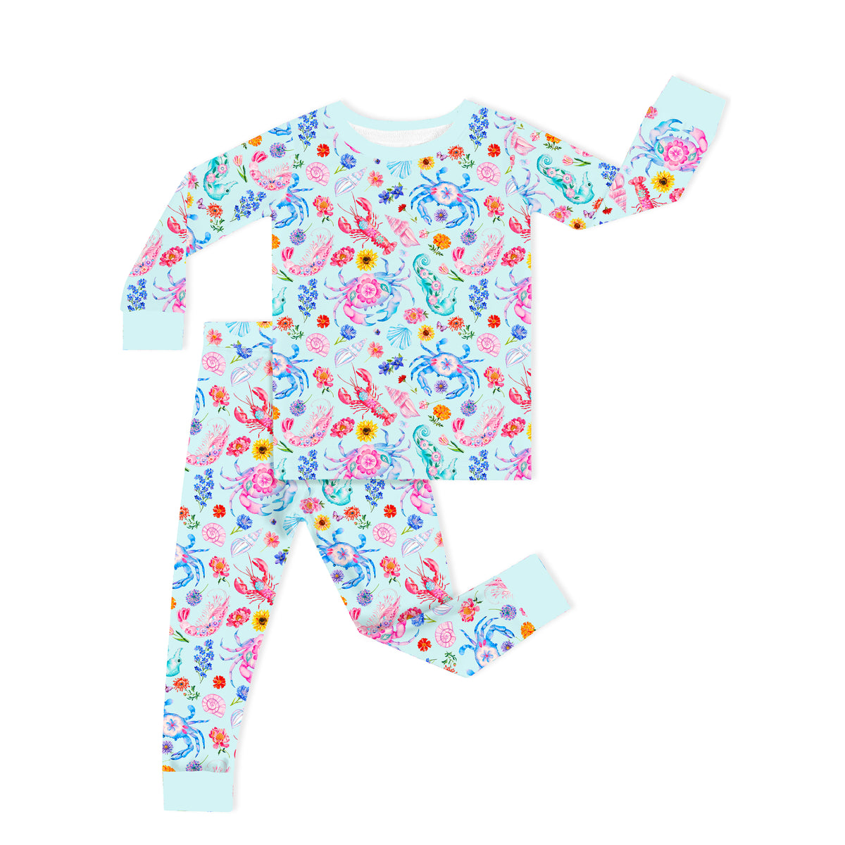 Ocean Coastal Blooms Blue Kids Bamboo Two-Piece Pajama Set
