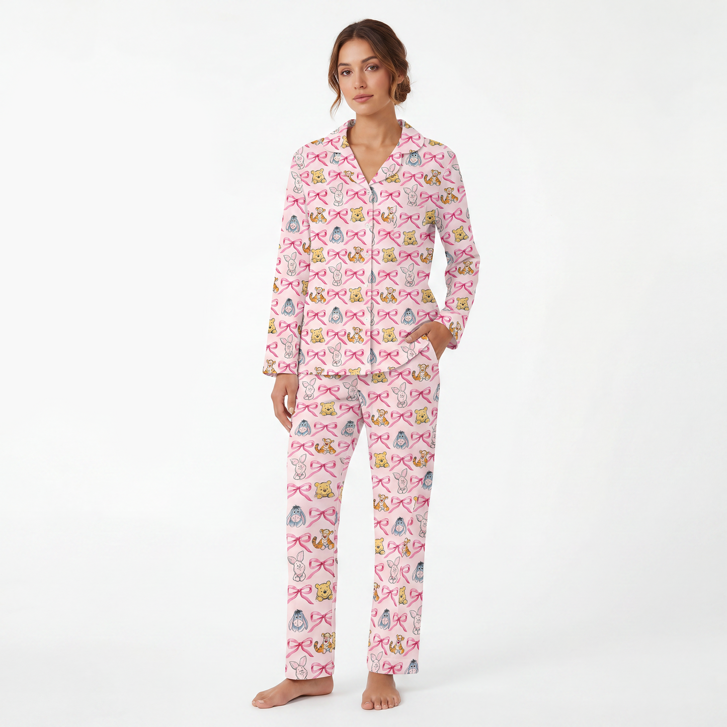 Sunny Bear and Pig Friends Bow Print Bamboo Women's Pajamas Set