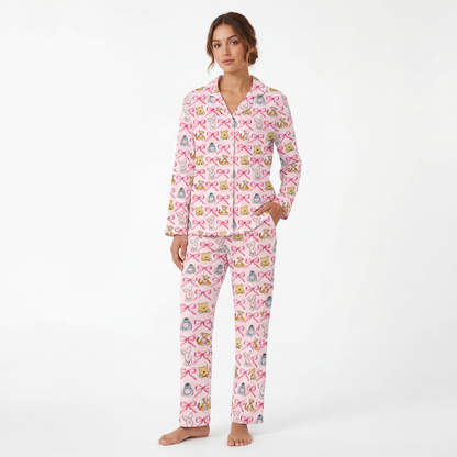 Sunny Bear and Pig Friends Bow Print Bamboo Women's Pajamas Set