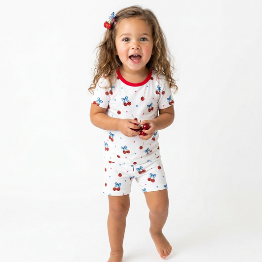 4th of July Cherry Bow Twinkling Stars Kids Bamboo Two-Piece Pajama Short Sleeve Set