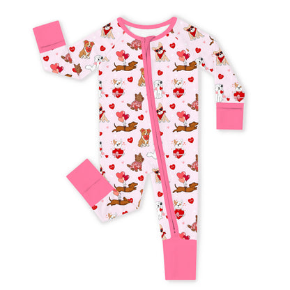 Valentine Heart Puppy Cuddle Crew Pink Bamboo Zipper Romper Pajamas