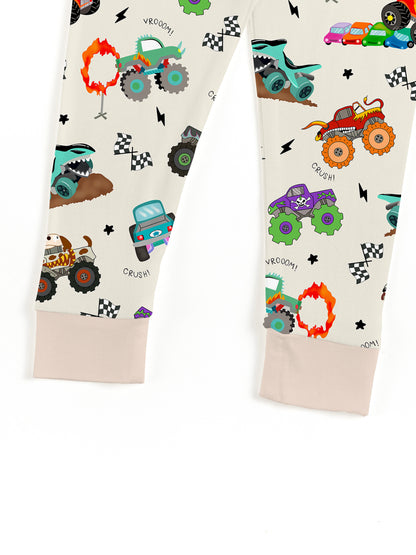 Big Wheels Truck Race Journey on Apricot Bamboo Two-Piece Pajama Set