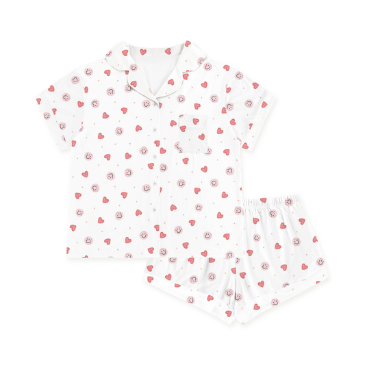 Sweet Hearts and Smiley Faces Pink Women's Bamboo Short Sleeve Pajama Set