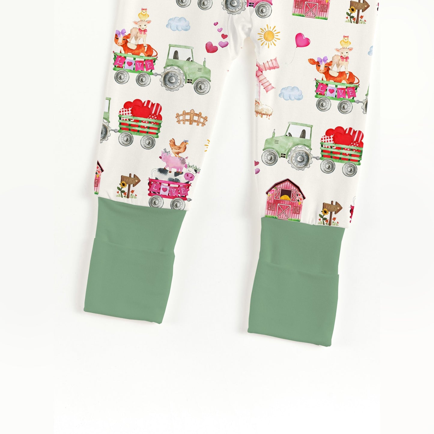 Valentine Farm Adventure Ride and Hearts Green Bamboo Zipper Romper Pajamas
