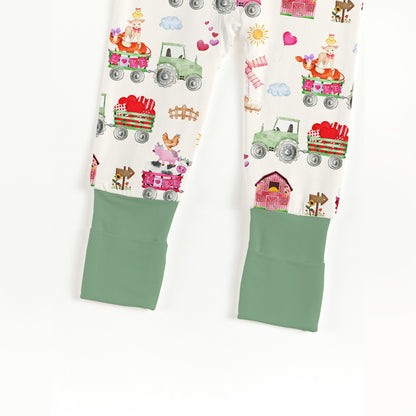Valentine Farm Adventure Ride and Hearts Green Bamboo Zipper Romper Pajamas