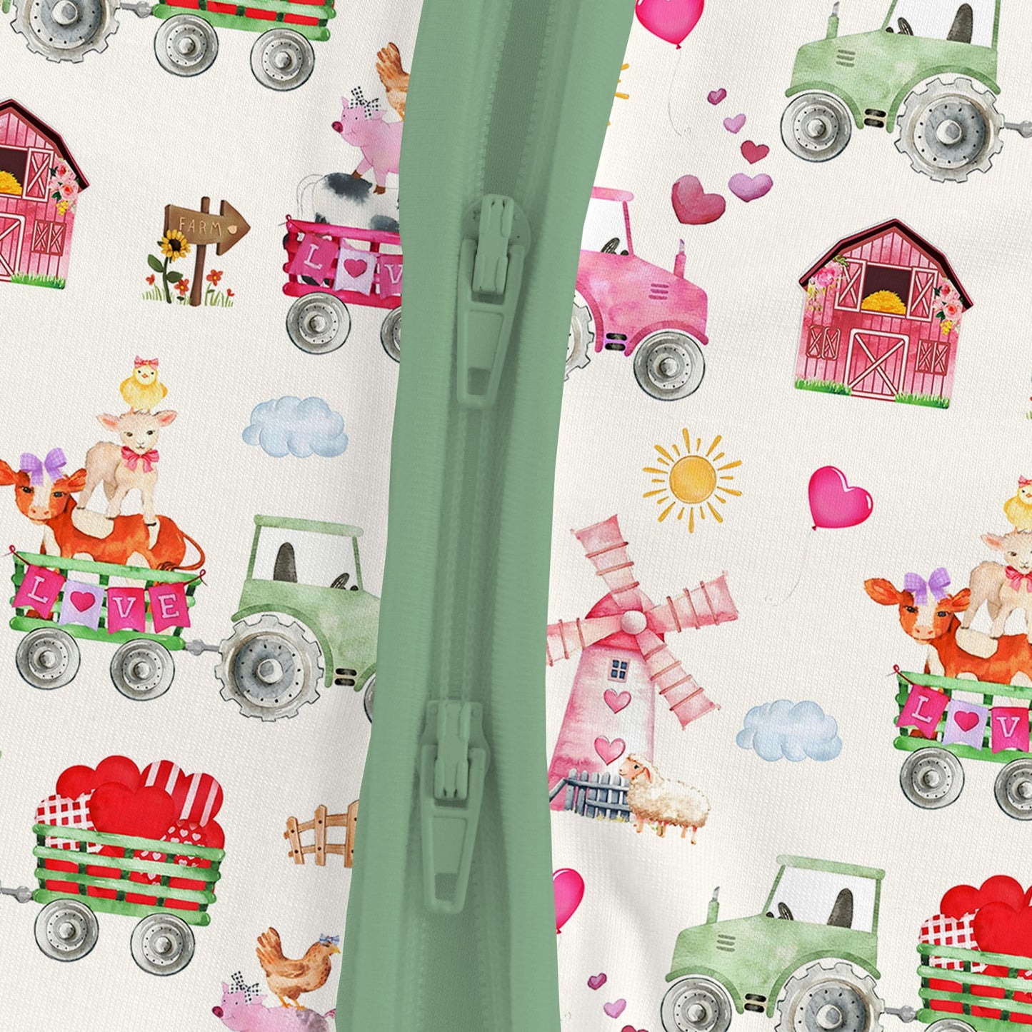 Valentine Farm Adventure Ride and Hearts Green Bamboo Zipper Romper Pajamas
