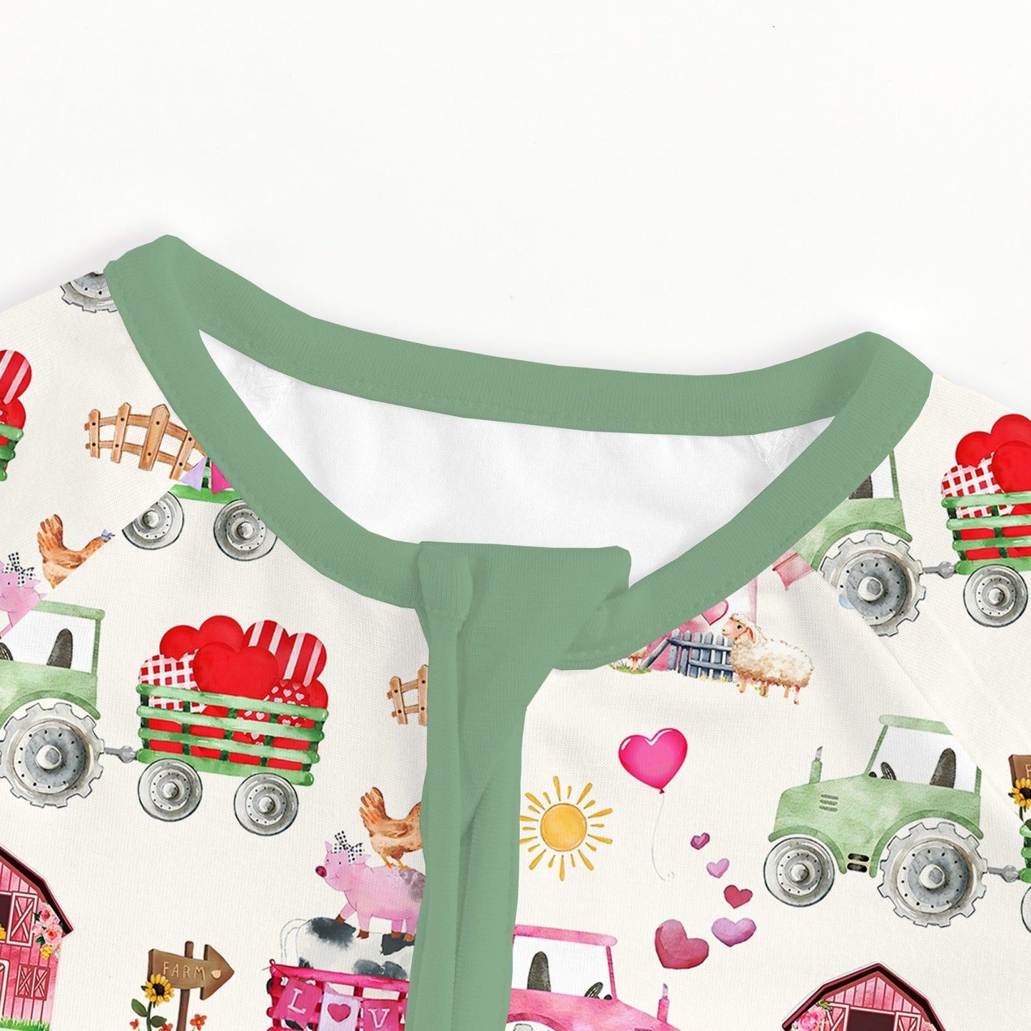 Valentine Farm Adventure Ride and Hearts Green Bamboo Zipper Romper Pajamas