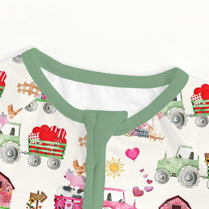Valentine Farm Adventure Ride and Hearts Green Bamboo Zipper Romper Pajamas
