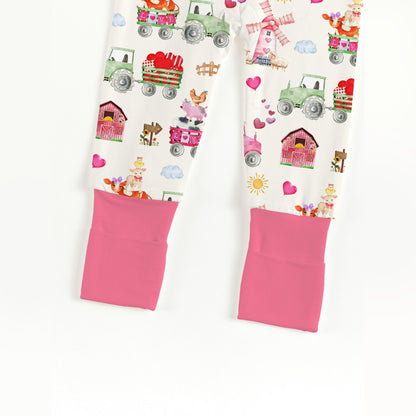 Valentine Farm Adventure Ride and Hearts Pink Bamboo Zipper Romper Pajamas