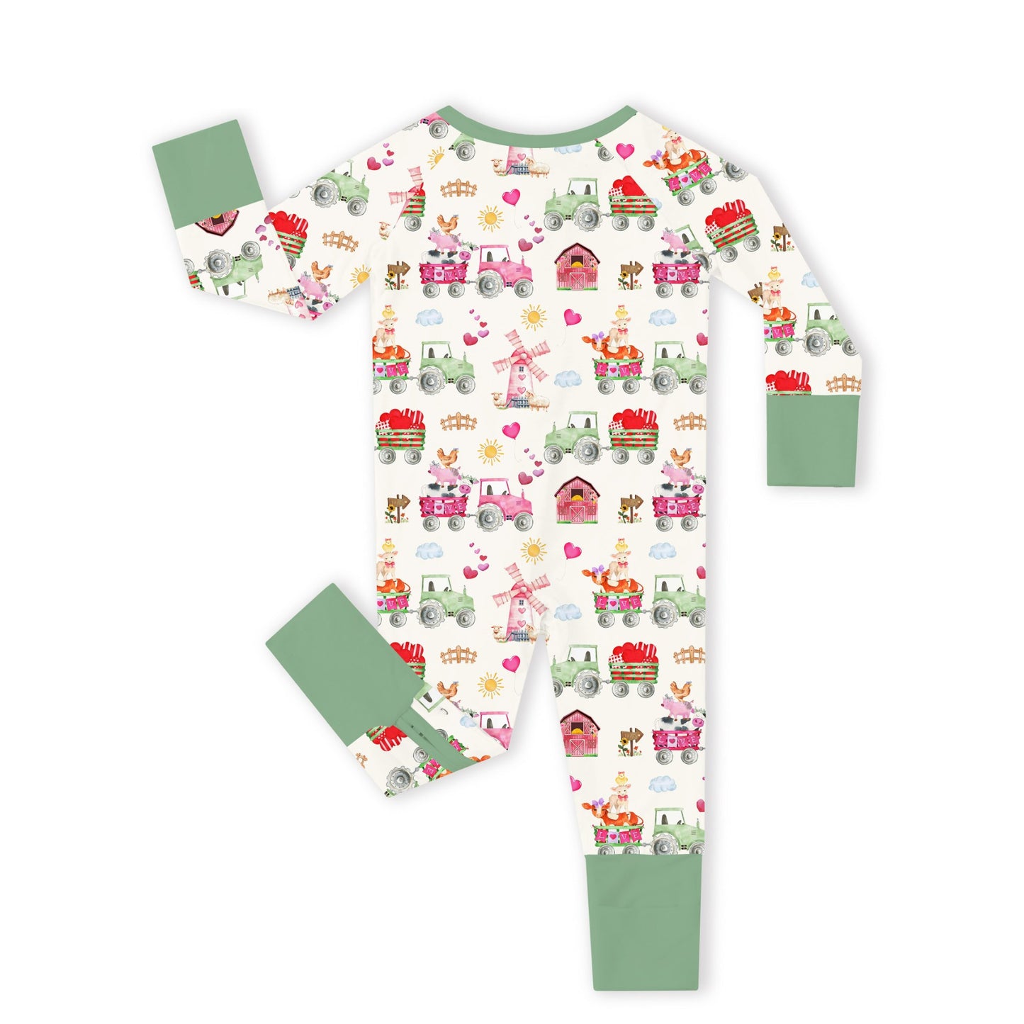 Valentine Farm Adventure Ride and Hearts Green Bamboo Zipper Romper Pajamas