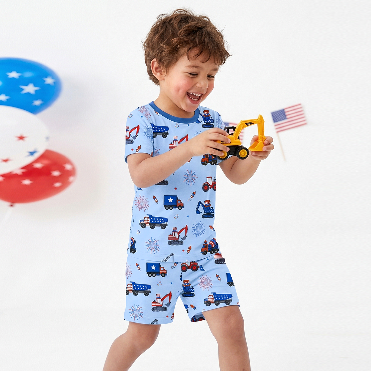 4th of July Stars Truck and Fireworks Kids Bamboo Two-Piece Pajama Set