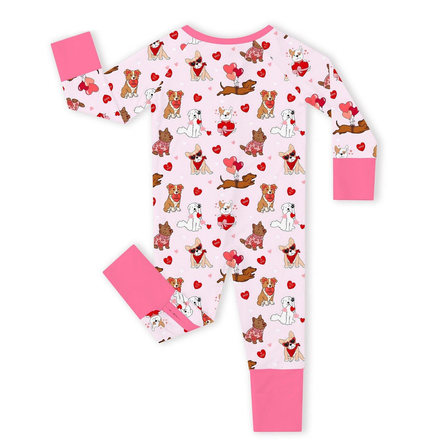 Valentine Heart Puppy Cuddle Crew Pink Bamboo Zipper Romper Pajamas