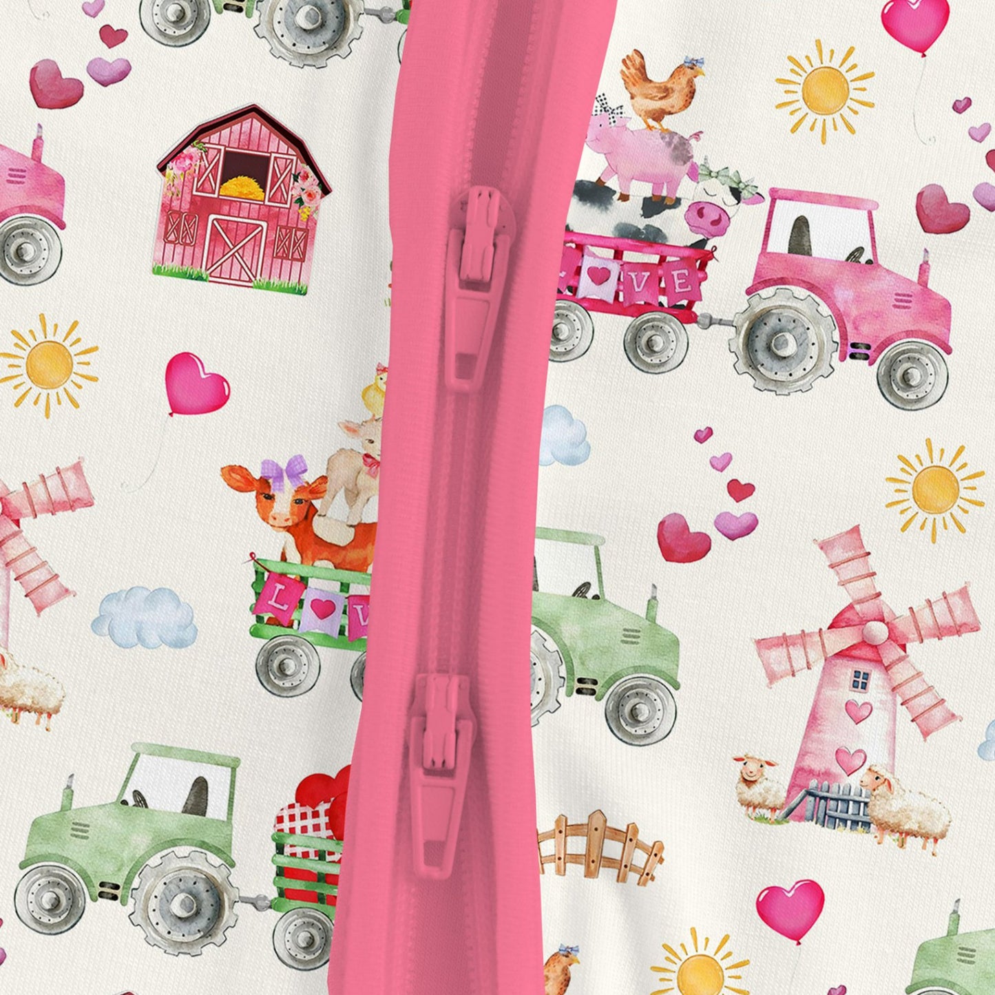 Valentine Farm Adventure Ride and Hearts Pink Bamboo Zipper Romper Pajamas