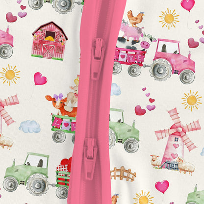 Valentine Farm Adventure Ride and Hearts Pink Bamboo Zipper Romper Pajamas